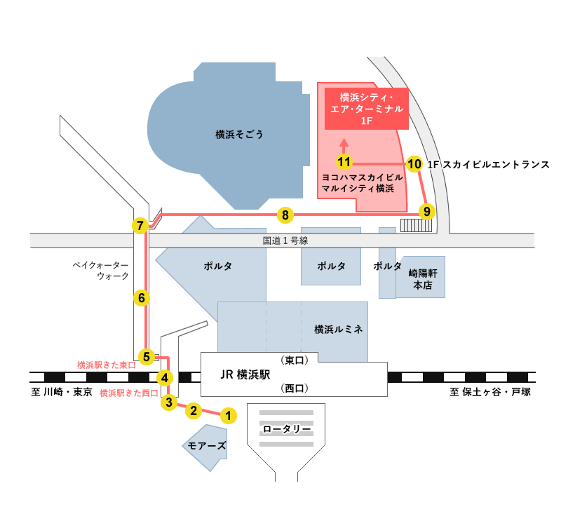 歩いてYCATから横浜駅へ